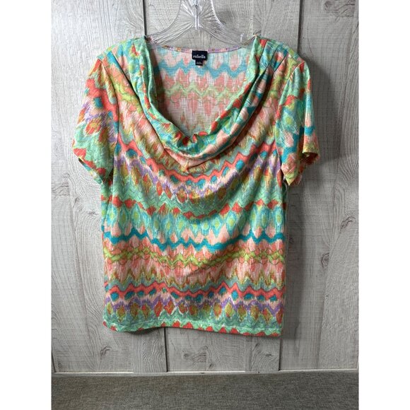 Rafaella Womens Large Shirt Coral Orange Green Cowl Neck Short Sleeve Boho Top - Picture 1 of 7